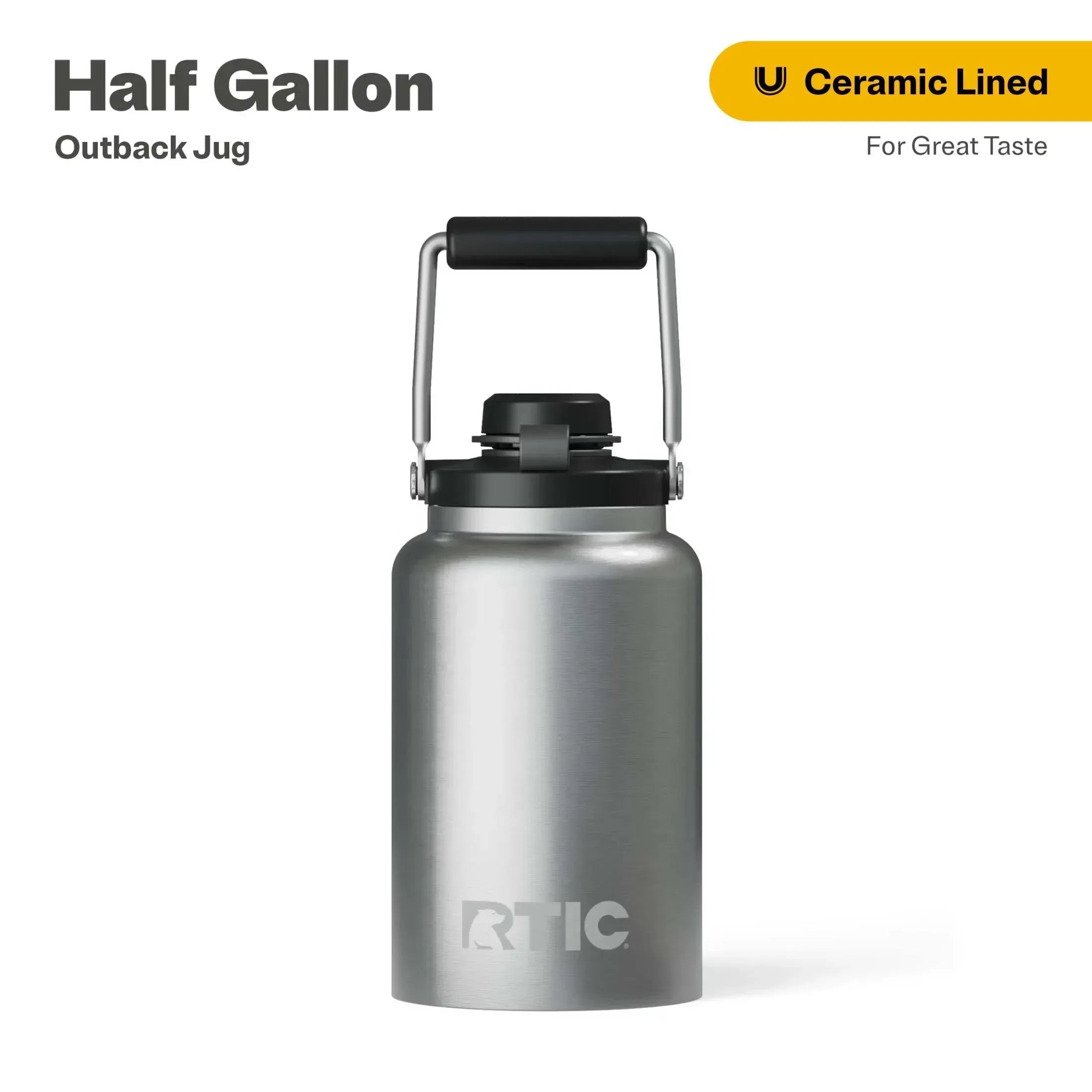 RTIC Half Gallon Ceramic Lined Insulated Outback Water Bottle Jug, Leak Proof, Black