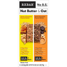 RXBAR Nut Butter & Oat variety pack carton front, Honey Cinnamon and Dark Chocolate sections