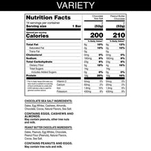 Nutrition facts panel for a protein bar variety pack with calories and macros