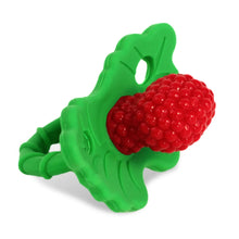 RaZberry silicone teether toy, green base with red textured berry.