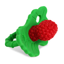 Silicone pacifier-style teether with red textured berry and green ring base