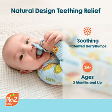 Silicone teether with textured relief bumps in baby’s mouth