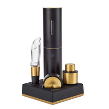 Electric wine set base with aerator tube and gold stoppers, black and gold