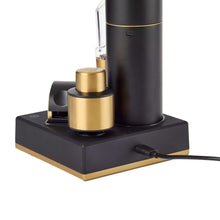 Electric wine set base with gold caps and power cord, black and gold