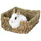 Rabbit water feeder with woven hay basket and white rabbit figurine