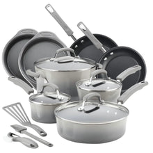 Hard enamel nonstick cookware set with gray pots, black pans, and matching lids