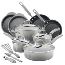 Hard enamel nonstick pots and pans set in gray with multiple lids and handles