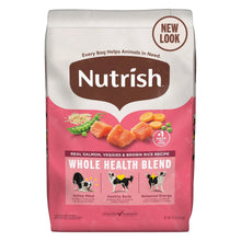 Dry dog food bag front with Whole Health Blend branding and real salmon recipe