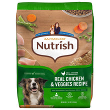 Green dry dog food bag with dog photo and Real Chicken & Veggies Recipe label