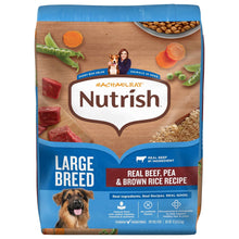 Large-breed dry dog food bag: Real Beef, Pea & Brown Rice, front label