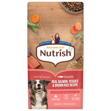 Front of Nutri sh dry dog food bag showing real salmon, veggies, and brown rice