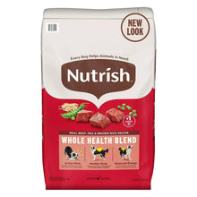 Nutrish dry dog food bag, Real Beef Pea and Brown Rice recipe, white and red front