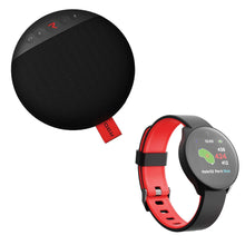Golf GPS watch and Bluetooth speaker, black with red band and strap details