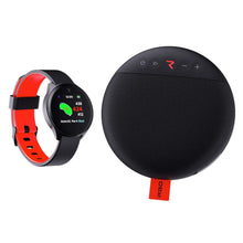 Golf GPS watch and Bluetooth speaker set, black with red accents on display