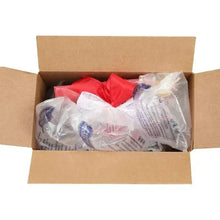 Open brown cardboard box with bundled items and white tissue wrapping inside