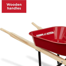 Kids wheelbarrow wooden handles over red metal tray with black support frame