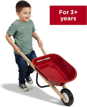 Red kids wheelbarrow with red tray, wooden handles, black frame, single front wheel