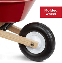 Kids wheelbarrow front wheel with white center and wooden handle bar