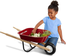 Red kids wheelbarrow carrying garden greens, wooden handles, black undercarriage