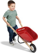 Red kids wheelbarrow with wooden handles and black frame, single front wheel