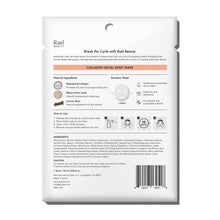 Rael Beauty collagen facial sheet mask pouch back, white panel with ingredient details