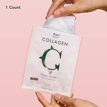 Hands holding Rael Beauty collagen facial sheet mask pouch, front side visible