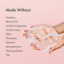 Collagen facial sheet mask marketing panel, gloved hands holding sheet with “Made Without” list