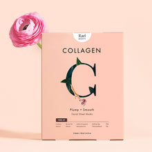 Rael Beauty collagen facial sheet mask box with pink pouch and green logo