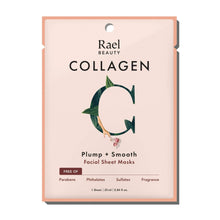 Rael Beauty collagen facial sheet mask pouch, pink front with green leaf logo