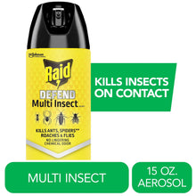 Raid multi-insect insect killer aerosol can, yellow and black with spray nozzle