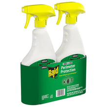 Raid Perimeter Protection 2-pack, two white trigger sprayers with yellow nozzles, green front label