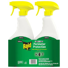 Raid Perimeter Protection 2-pack: two white trigger sprayers with yellow nozzles, green box