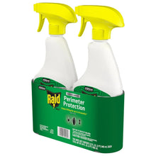 Raid Perimeter Protection 2-pack, two white bottles with yellow trigger sprayers on green carrier
