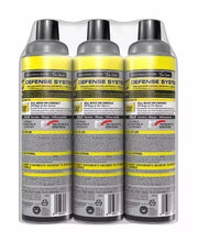 Three aerosol cans with Defense System labels, yellow-gray backs and barcode stickers