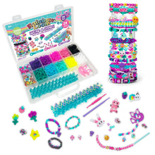 Rainbow Loom wear-and-share kit case with colorful rubber bands and charm pieces