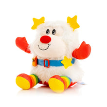 Sitting white plush character with yellow star ears, red arms, blue belt, rainbow striped legs