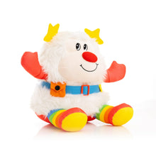 White plush character with yellow star ears, red nose, smiling face, blue belt, rainbow feet