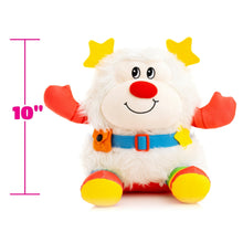 10-inch white plush character with yellow star ears, red nose, blue belt, rainbow striped shoes