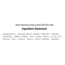 Ingredient statement for marinara sauce on label, listing tomatoes, basil, garlic, oregano