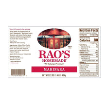 Marinara sauce jar label with Rao's Homemade logo and Nutrition Facts inset
