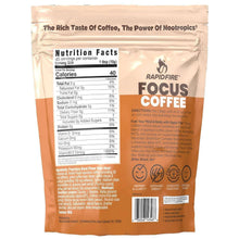 Rapid Fire Focus coffee back pouch with nutrition facts, directions, and icons