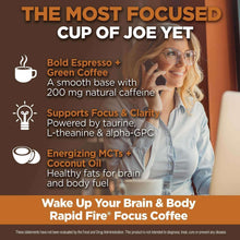 Instant coffee marketing panel claiming bold espresso plus green coffee with 200 mg