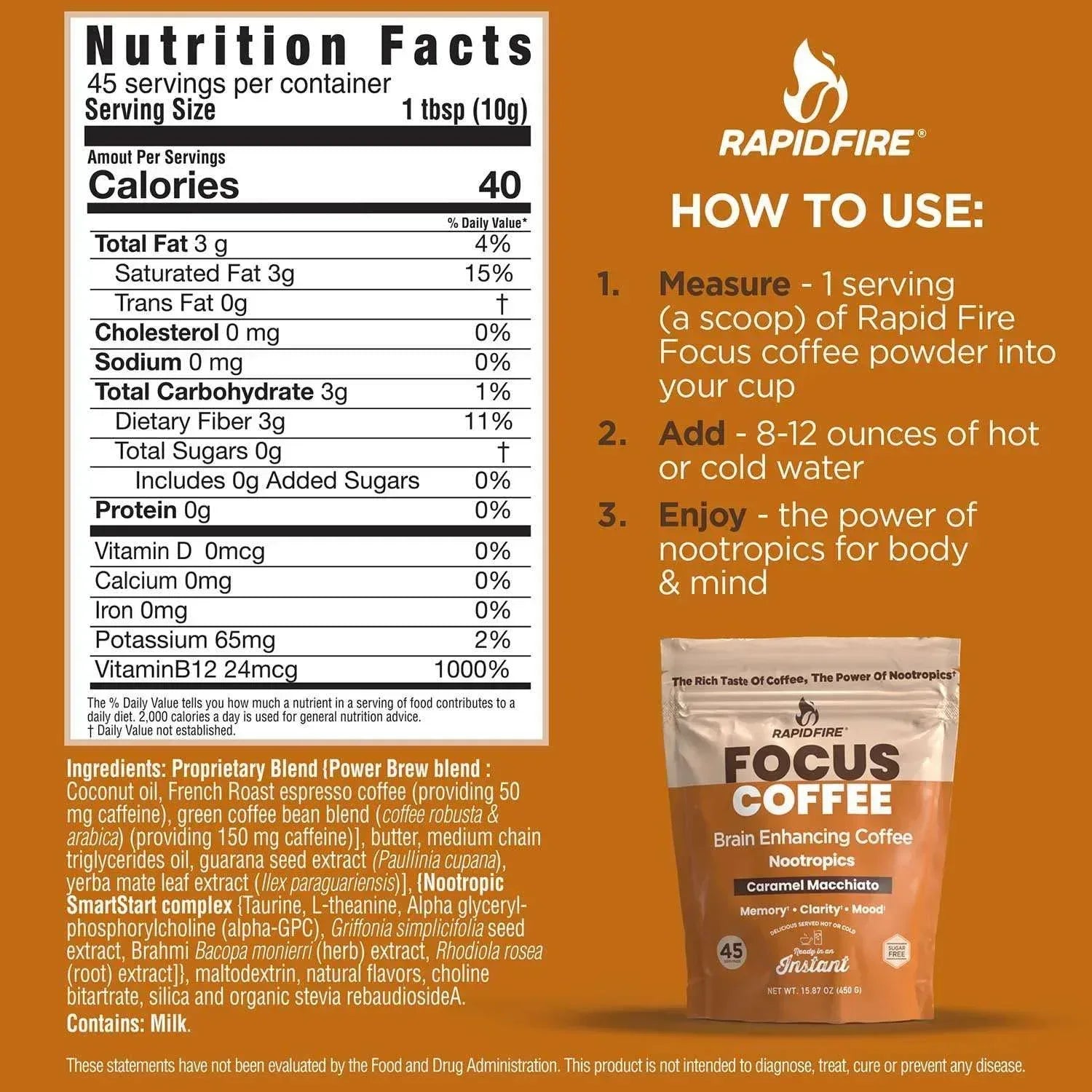Rapid Fire Focus Instant Coffee, Caramel Macchiato, 15.87 oz.