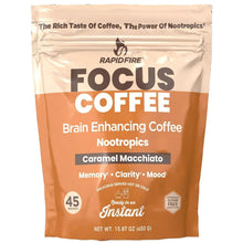 Caramel macchiato instant coffee pouch with Rapid Fire Focus branding