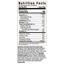 Nutrition Facts close-up for instant coffee: 45 servings per container, 1 tbsp (10 g)