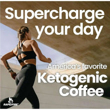 RapidFire Keto coffee canister with woman holding a coffee cup, lifestyle promo
