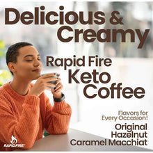 RapidFire Keto coffee drink in mug, woman sipping, promotional text overlay