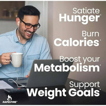 RapidFire Keto coffee mug held by a man, with weight goals text overlay