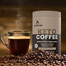 Instant keto coffee canister with glass mug of coffee and scattered coffee beans