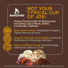 Instant mushroom coffee info panel with ingredient and wellness icons.